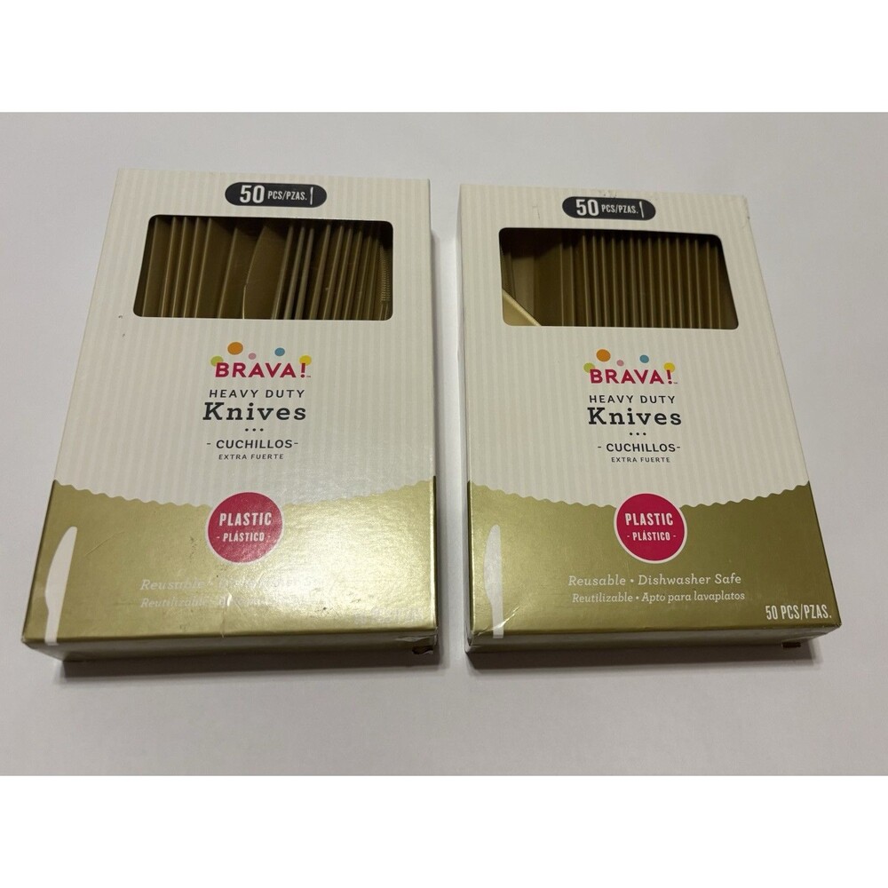 100 Amscan Brava Premium Heavy Duty Reusable Dishwshr Safe GOLD Plastic Knives